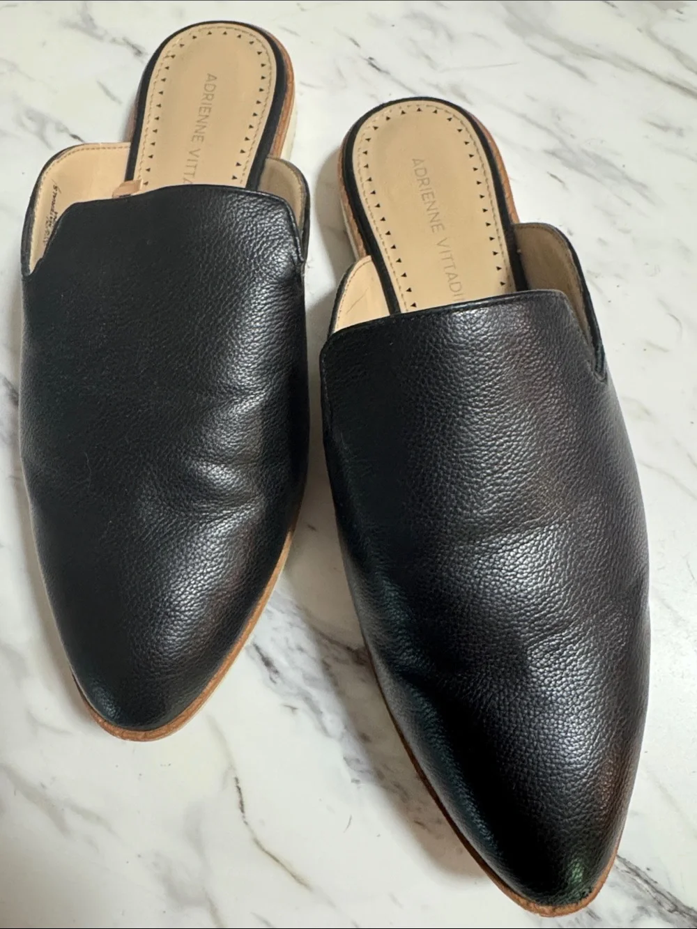 Adrienne Vittadini Black Pointed Leather Slip-On Mules